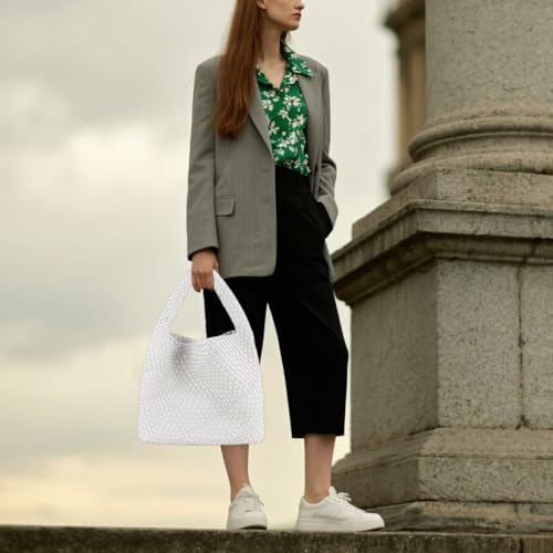 Image of Woven Tote Bag For Women, Large Vegan Leather Travel Handbag, Casual Work Shoulder Bag, Underarm Commuter Hobo Bag With Purse