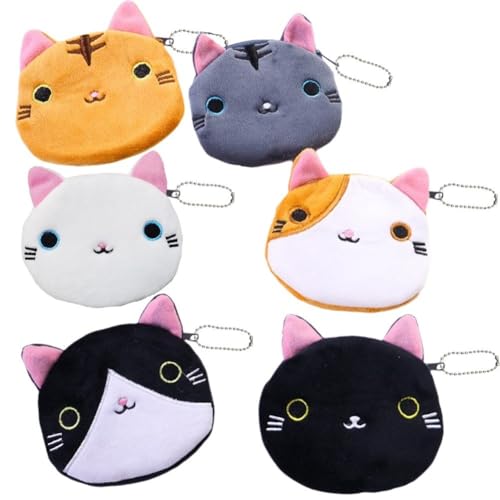 6pcs Cat Pattern Purses with Keyring Plush Coin Purses Cartoon Portable Wallet for Working Dating Travelling Shopping