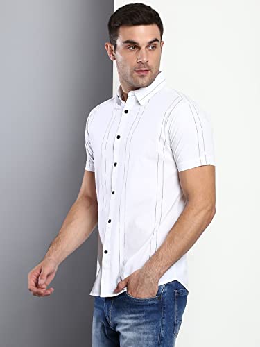 Image of Dennis Lingo Men's Striped Slim Fit Cotton Casual Shirt with Spread Collar & Half Sleeves
