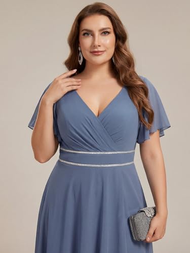 Image of Ever-Pretty Plus Women's Chiffon V-Neck Beading Ruffles Sleeves Maxi High Low Plus Size Formal Dresses