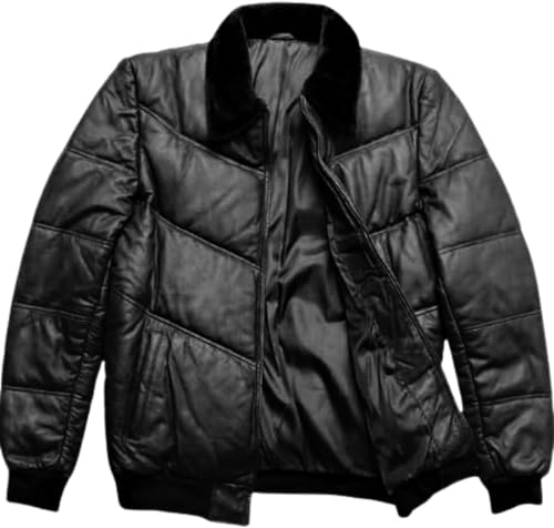 Image of F&F Classic Men's Premium Genuine Lambskin Aviator Style Puffer Fur Shearling Collar Leather Bomber Winter Fashion Jacket