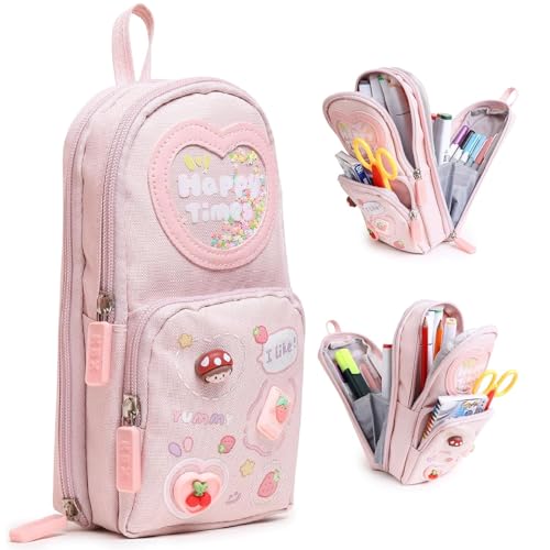 Image of Premium Canvas Pencil Case Hang able 6 Layer with 3 Compartment, Cute Aesthetic Pencil Case for Girls, Large Capacity Pencil Pouch, Cute Stationary Gift for Kids (Happy Times - Pink)