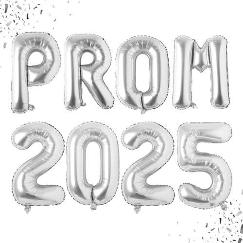 Prom 2025 Balloons Banner Silver 16 inch Mylar letter Balloons Prom 2025 Sign Decoration for Graduation Party Birthday Retirement Class of 2025 Congrats Grad Party Supplies