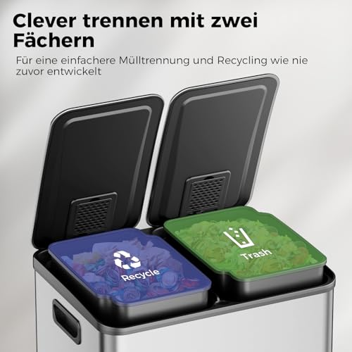 YASHE Mülleimer 2 Fächer mit Deckel, 2x20L Mülleimer Küche, Tretmülleimer Edelstahl mit 20 Müllbeuteln, Herausnehmbaren Inneneimern… – Ansicht 3