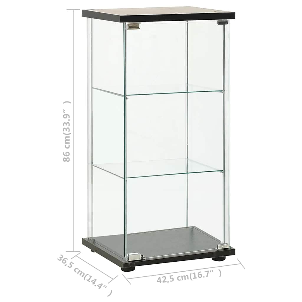 Glasvitrine mit 3 Ebenen, Vitrinenschrank 86 cm hoch aus gehärtetem Glas und Holzwerkstoff, Glasschrank Bücherschrank für Wohnzimmer, Flur und Büro, Schwarz und Transparent
