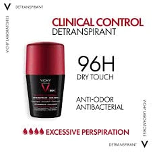 Vichy Homme, Clinical Control, Déodorant Roll-On pour Homme, Détranspirant à l'Efficacité Très Longue Durée 96 H, Sans Alcool et Sans Parfum, 50 ml (Lot de 2)
