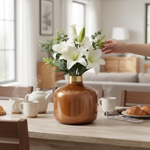 Image of Artful Living India - Round Metal Flower Vase | Round Vintage Vase for Living Room, Table, Office Decoration & Home Decor | Antique Decorative Metal Vase (Copper Orange)