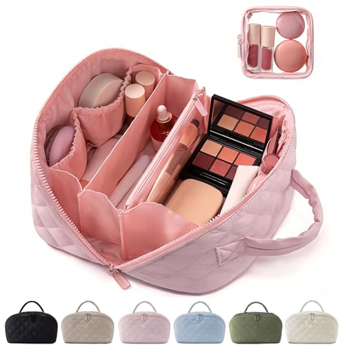 MINGRI Petition Makeup Bag for Travel,Women Cosmetic Bag Quilted Puffer Large Capacity 2Pcs Toiletry Bag Spacious 180°Open Valentine's Day Gift for Toiletries & Brushes with Compartments, Pink, 9.9