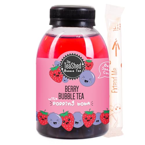 The TeaShed Ready to Drink Berry Bubble Tea Strawberry Iced Tea with Blueberry Popping Boba 250ml Bottle with Extendable Straw