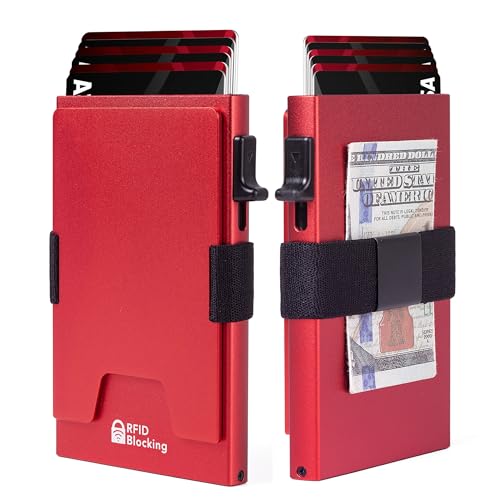 Image of Minimalist Mens Card Holder Wallet, RFID Blocking Slim Smart Pop Up Aluminum Wallet,Holds 12+ Cards,Expandable Compact Plate,Cash Strap /Money Clip (Red)