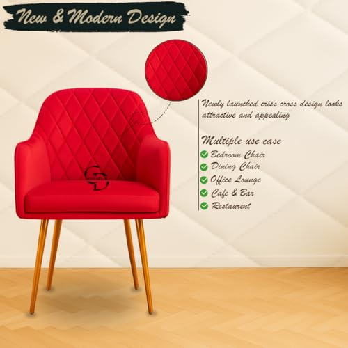 Image of Velvet Accent Chair with Matching Pouffe & Floral Cushion | Modern Upholstered Armchair with Gold Metal Legs | Lounge Chair for Living Room, Bedroom, Office, Guest Room (Red Diona)