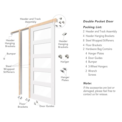 Image of Sliding Pocket Door with Lock, 60 inch x 80 inch, 5-Lite Clear Tempered Glass Pocket Doors with Frame and Hardware Kit Set, Interior Door Slab, White Primed - No Panel Assembly Required