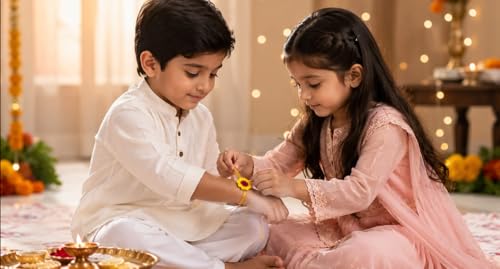 Image of Handmade Crochet Flower Rakhi for Kids, Red and Yellow, Cotton Yarn, Adjustable Knot, with Roli and Chawal, Raksha Bandhan