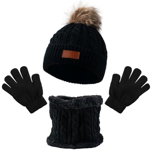 MUNSKT 3Pcs Kids Winter Warm Beanie Hat Scarf Gloves Set for 1-5 Years Old Boys Girls. Winter Accessories Sets for Children Outdoor Sports Knit Thick Warm Fleece Lined Thermal Sets (Black 1)