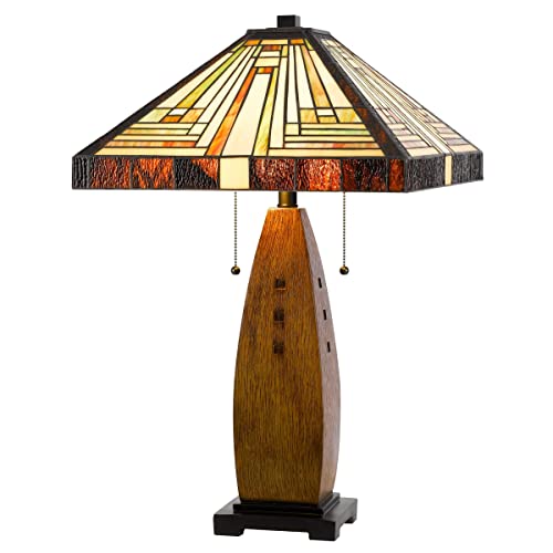 Cal 27in Resin Lamp with Square Tiffany Shade, Wood Tone Finish, Model