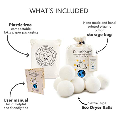 Wool Dryer Balls By Friendsheep 6 Pack Xl Organic Premium Reusable Cruelty Free Handmade Fair Trade No Lint Fabric Softener White - "Creamy White" #TOP3