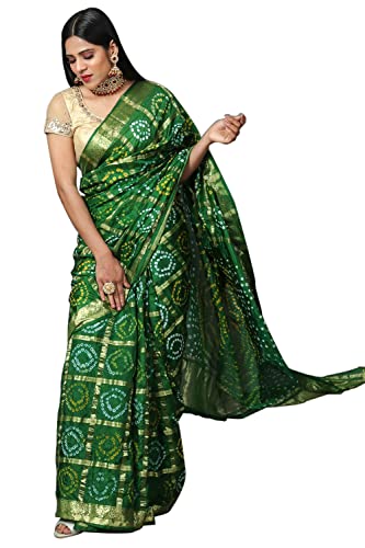 Kishori Tissu tie-dye Bandhani et tissage Banarasi pour sari et chemisier (vert) - 5,5 m - Vert - 5,5 m, Vert, 5.5 Meters