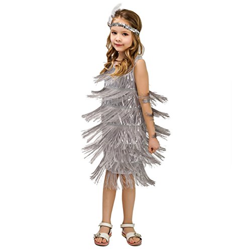 Kids Girl's Fashion Flapper Satin Dress Costume (M, Silver) #TOP2