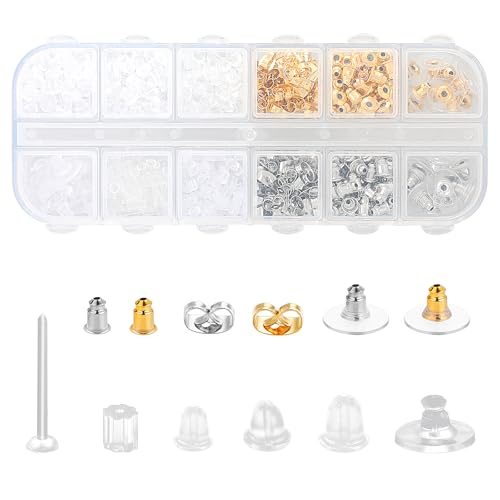 600 piezas de almohadillas de seguridad para pendientes, almohadillas de metal para aretes, tapones de silicona transparente, 12 estilos, kits de repuesto para aretes y aros