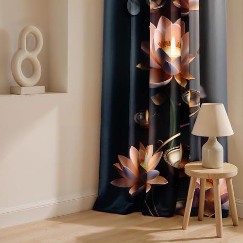 Image of Ultimate Trends Festival Themed Light Filtering Polyester Curtain Diya, Lantern, Lotus & Fireworks Print | Ideal for Diwali, Pooja Room, Living Room Dcor | Eyelets|, 7 FEET (Pack of 2)