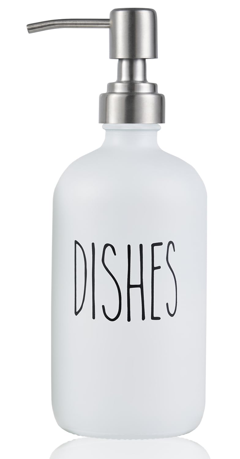 Dish Soap Dispenser, Glass Kitchen Dish Soap Dispenser with Stainlees Steel Pump,Refillable Bathroom, Farmhouse Kitchen Decor, for Sink(White D)