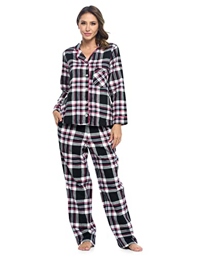 Ashford & Brooks Women's Flannel Plaid Pajamas Long Sleeve Button Down Pj Set, Black/Pink Plaid, 3X-Large #TOP11