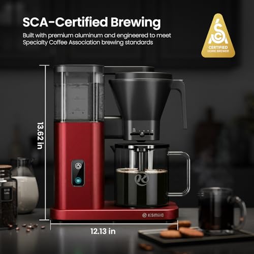 Image of Kismile SCA-Certified 8 Cup Drip Coffee Maker, Pour Over Coffee Machine with 3s Instant Heat 197-205℉, Adjustable Flow Control, Removable Water Tank, Deep Cold Brew & 40 Min Keep Warm (Red)