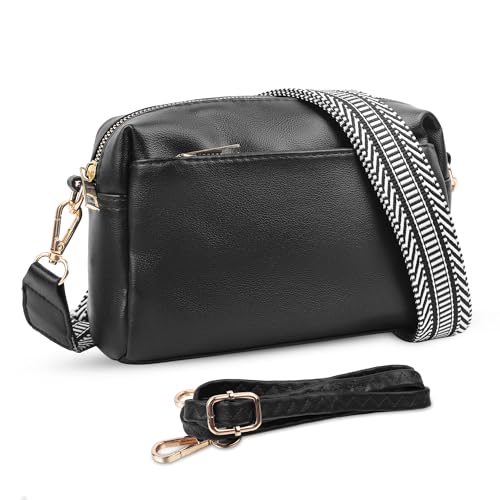 Image of VOROLO Crossbody Bag Small Leather Triple Zip Crossbody Purse Shoulder Bag with Ajustable Strap for Women Black with Rope