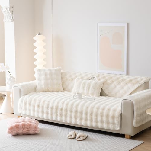 Alishomtll Plüsch Sofabezug Ecksofa 1/2/3/4 Sitzer, Universelle rutschfeste Sofa Überzug, L Form Couch Überzug Sofaschoner, Waschbar Sofaüberwurfe Sofadecke für Wohnzimmer, Beige 90x210cm