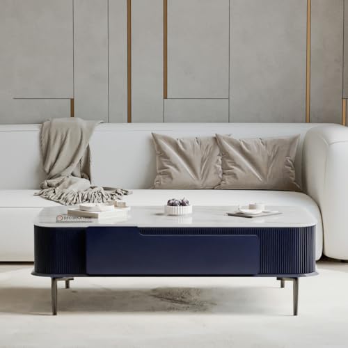 Image of DecorNation Valencia Faux Marble Coffee Table - Modern Center Table for Living Room, Metal Legs, Midnight Azure Finish | Living Room Furniture, Centre Table with Storage Drawer