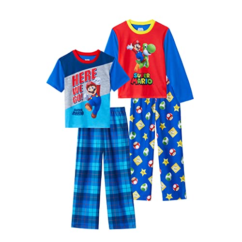 Super Mario Boys Pajamas for Kids | 4 Piece Sleepwear Sets for Boys Sleep Shirts and Pajama Bottoms for Big Boy and Toddlers Blue-red