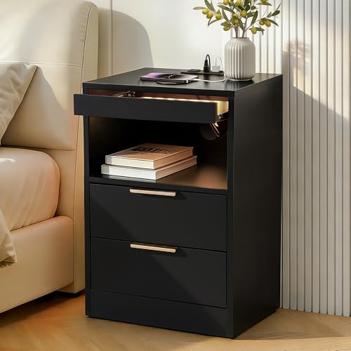 Artiss Bedside Table RGB LED Nightstand with Charging Station and Pull-Out Tray, Modern Bedside Table with 2 Drawers, End Table for Bedroom Gaming Room, Black