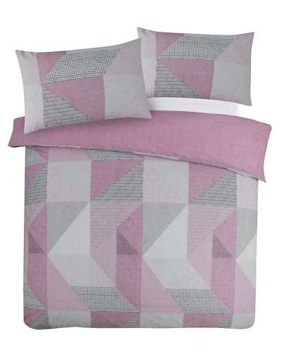 Charlotte Andersen Matrix Geometric Pink Grey Single Duvet Cover Set Reversible Easy Care Cotton Blended Bedding (Pink, Single)