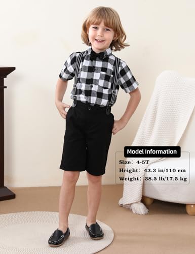 Image of A&J DESIGN Toddler Gentleman Outfit Boy Easter Wedding Formal Suspender Summer Flannel Tartan Dress Checkered Suits Buffalo Plaid Black 2-3T