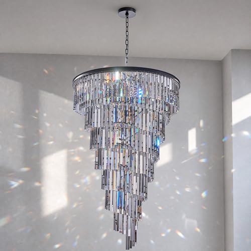 36'' Spiral Crystal Chandelier Black Modern Light Fixture, Large High Ceiling Foyer Ceiling Pendant Light, 30 E12 LED Bulbs Included, Adjustable Chain Hanging Lamp for Entryway, Hallway, Black
