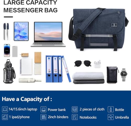 Image of 17 Inch Messenger Bag for Men, Laptop Crossbody Bags Women, Blue | Crossbody Bags Women Casual Satchel Shoulder Bag Briefcase with Bottle Pocket & Reflective strips for Travel Office Commuting
