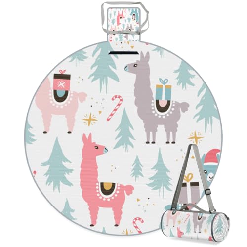 Shimoshe Alpaca Christmas Tree Picnic Outdoor Blanket Foldable Waterproof Sandproof Beach Blanket Portable Water-Resistant Round Picnic Mat for Travel Camping Park Lawn
