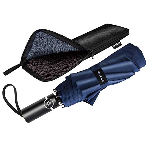 Newdora Windproof Travel Folding Golf Umbrella Auto Open Close Button and Upgraded Handle, Lightweight 10 Ribs Automatic Canopy Compact with Light Reflective-Gift Waterproof Bag(Dark Blue)