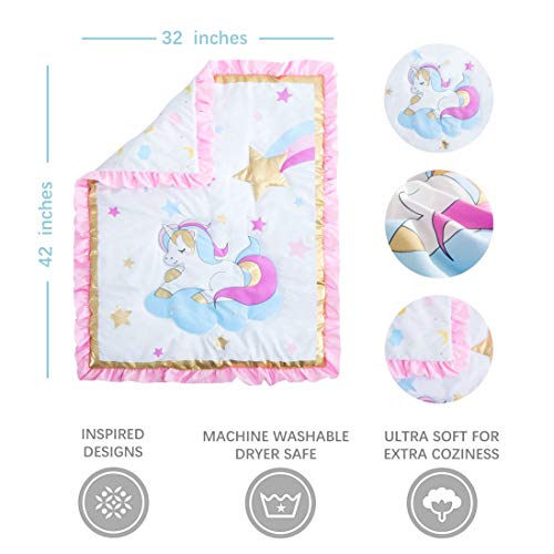 Little Grape Land 3 Piece Crib Bedding Set For Girls, Unicorn Crib Set In Standard Size 52" X 28", Including Fitted Crib Sheet, Crib Quilt, Crib Skirt, Pink/Gold #TOP3