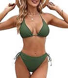 Genfien Womens Bikini Sets Two Piece Swimwear Triangle String Halter Sexy Thong Adjustable Bikini Swimsuit Bottoms Padded Bathing Suit for Women Army Green