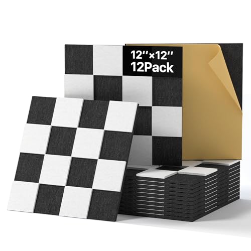 Woovio Filz Pinnwand Selbstklebend 12 Stück Akustikpaneele Schallschutzplatten 30x30x0,9cm Schachbrett Schwarz-Weiß für Studio, Büro, Gaming, Deko & Dart Wandschutz Schwarz-Weiß