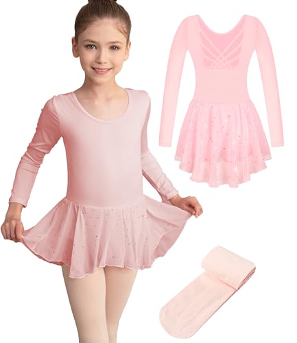 Long Sleeve Ballet Leotard for Girls Kids Toddle Dance Dresses with Tights
