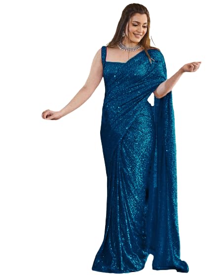 Image of Women's Bollywood Heavy Sequins Embroidery Work Georgette Saree with Unstitched Blouse