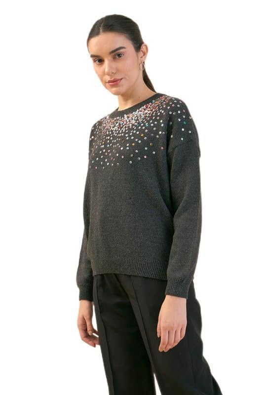 salt attire Estella Women's Woolen Embellished Sweater with Round Neck - Full Sleeve, Regular Fit, Standard Length, Cozy Closet Collection, Made in India Grey-picture-34