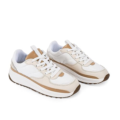 Coutgo Womens Lace Up Platform Sneakers Retro Colorblock Faux Leather Suede Splicing Comfortable Non Slip Athletic Walking Shoe,White thumb #5