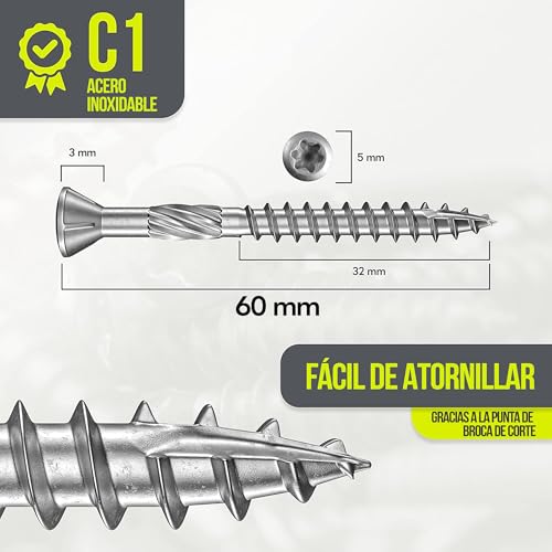 Miniatura 4 de Innonexxt Tornillos Para Terraza Muesca De Corte Torx C1-5,0x60mm - 200 Piezas Tornillos Para Tarimas De Acero Inoxidable De Primera Calidad Con Recubrimiento Deslizante, Tornillo Tarima Madera