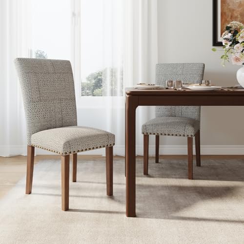 Image of Farmhouse Dining Chairs Set of 2, High Back with Wooden Legs and Nailhead Trim, Modern Fabric Dining Room Chair for Kitchen /Restaurant