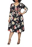 Pink Queen Womens Dresses Plus Size Floral Wrap Dress with Sleeves 2XL Black