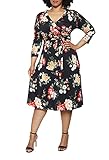 Pink Queen Womens Dresses Plus Size V Neck Floral Print Dress with Sleeves XL Black