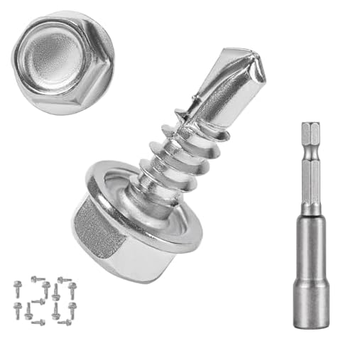 120PCS #8 x 1/2'' Sheet Metal Screws 410 Stainless Steel Hex Washer Head Fast Self Tapping Screws with Screwdriver Bit Silver Cover